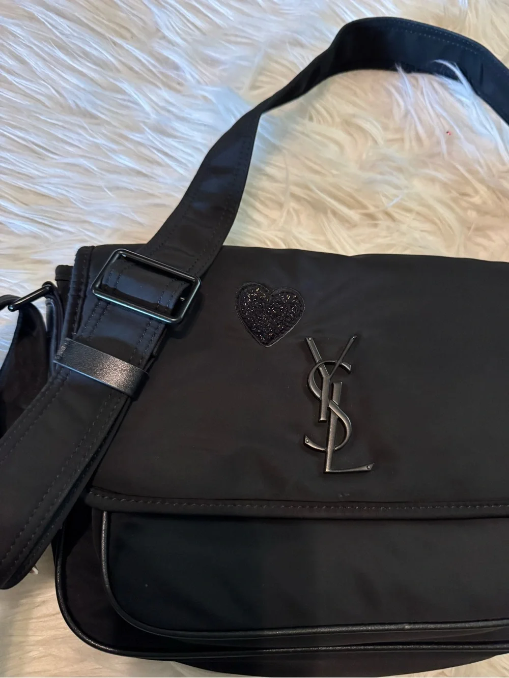 Yves Saint Laurent Black Nylon Shoulder Bag with Heart Detail
